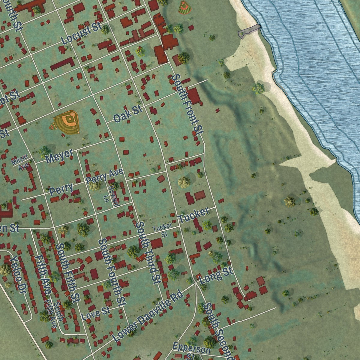 Second close-up of the map of Dardanelle, Arkansas print showing more streets and buildings