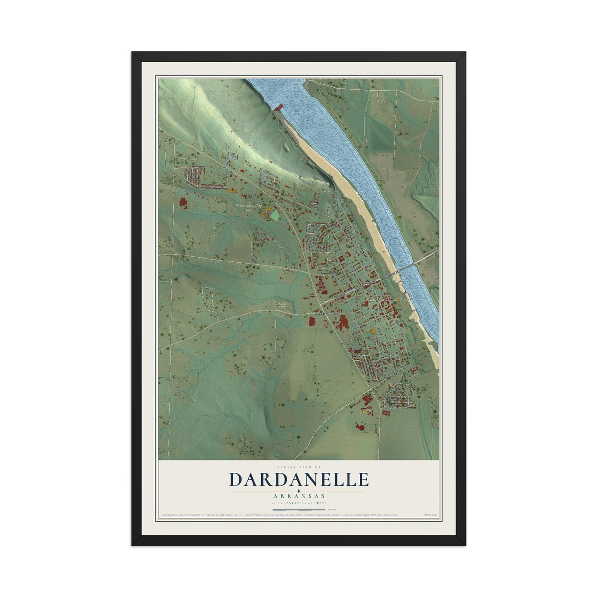 Map of Dardanelle, Arkansas, 12 x 18 inch print in a black wood frame