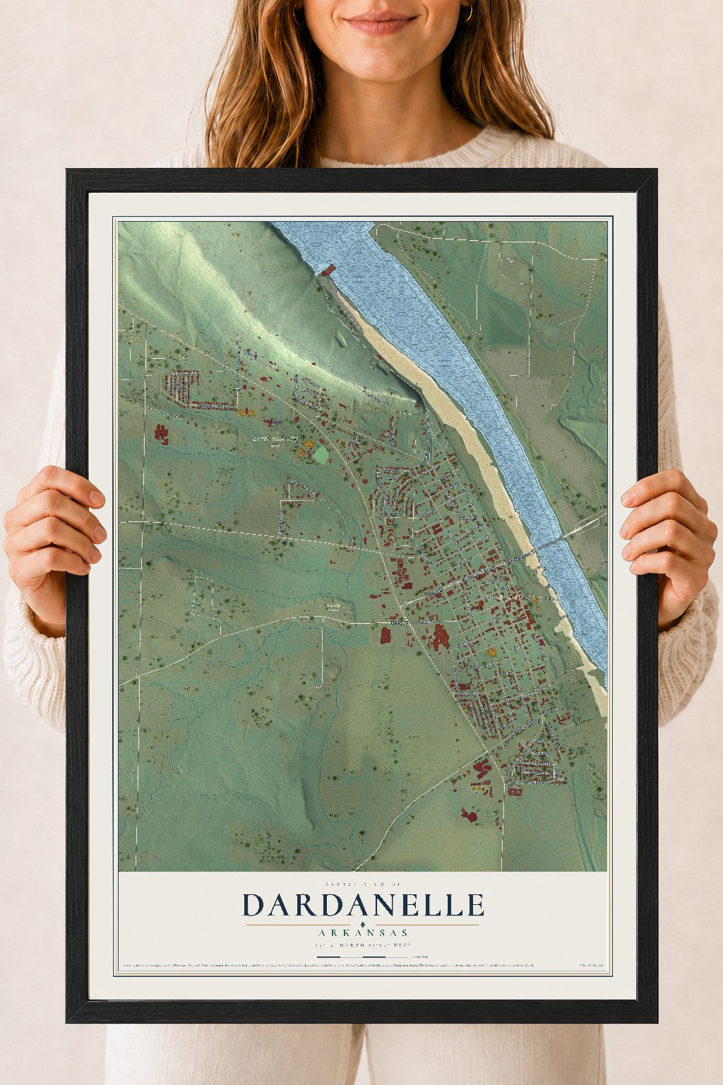 Map of Dardanelle, Arkansas, 18 x 24 inch print in a black wood frame