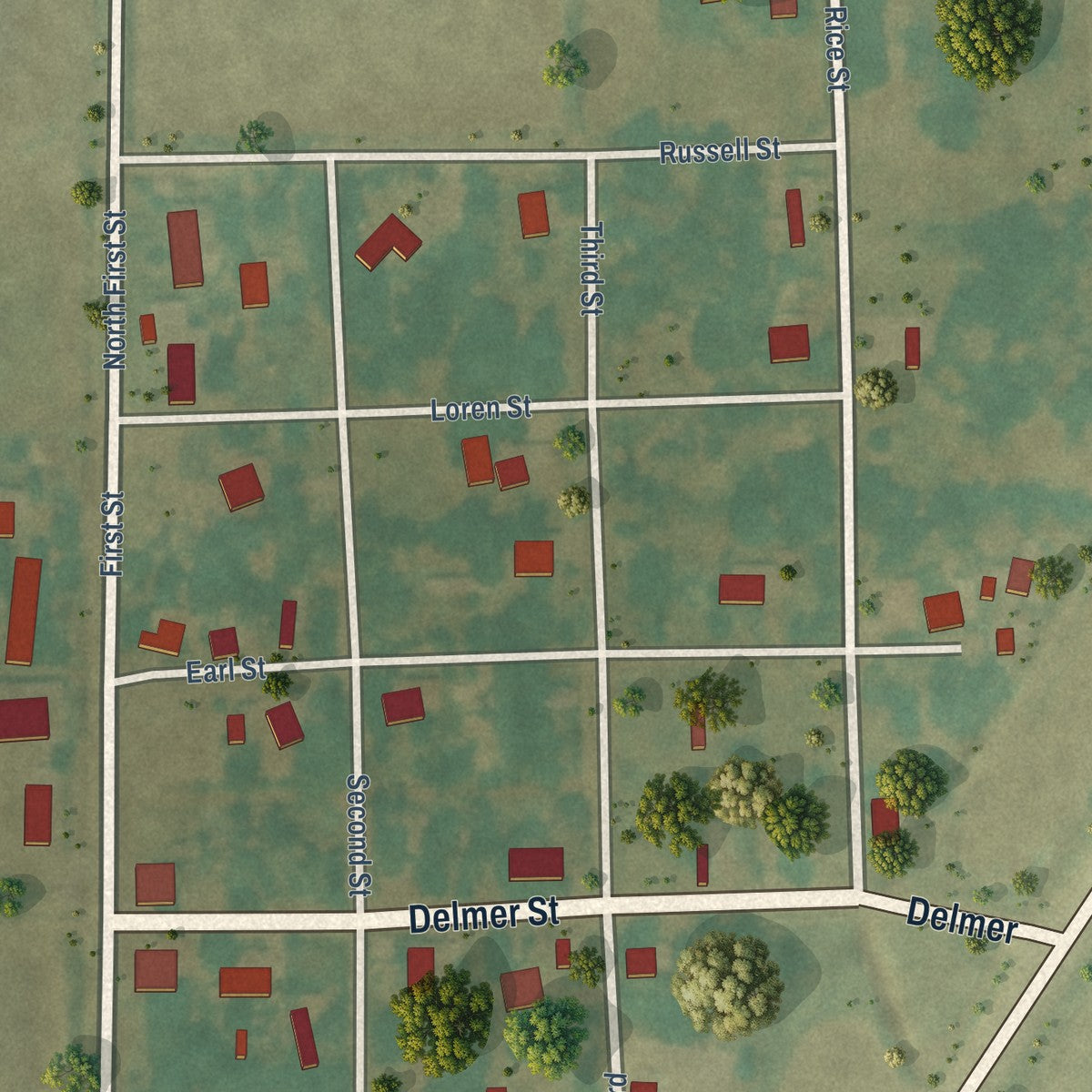 Close-up of the map of Datto, Arkansas print showing street and building detail
