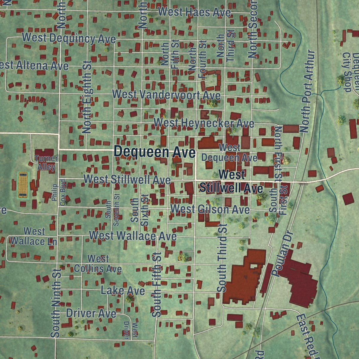 Close-up of the map of De Queen, Arkansas print showing street and building detail