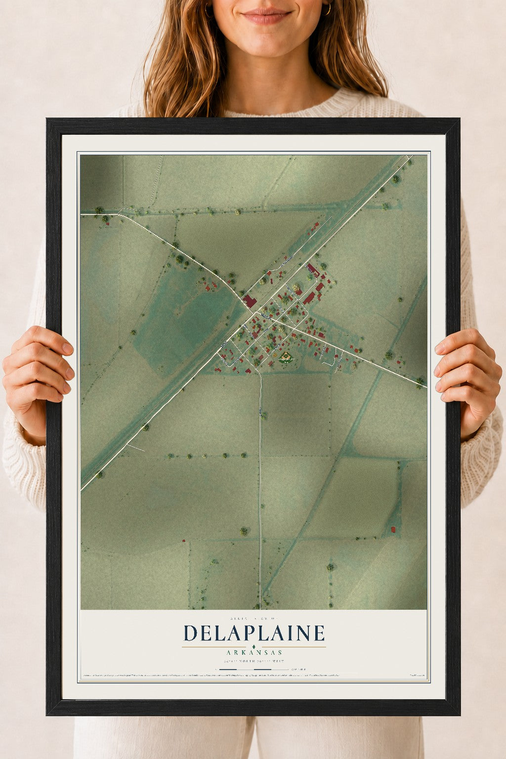 Map of Delaplaine, Arkansas, 18 x 24 inch print in a black wood frame