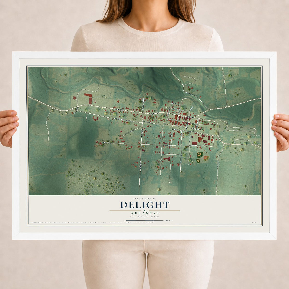Map of Delight, Arkansas, 18 x 24 inch print in a white wood frame