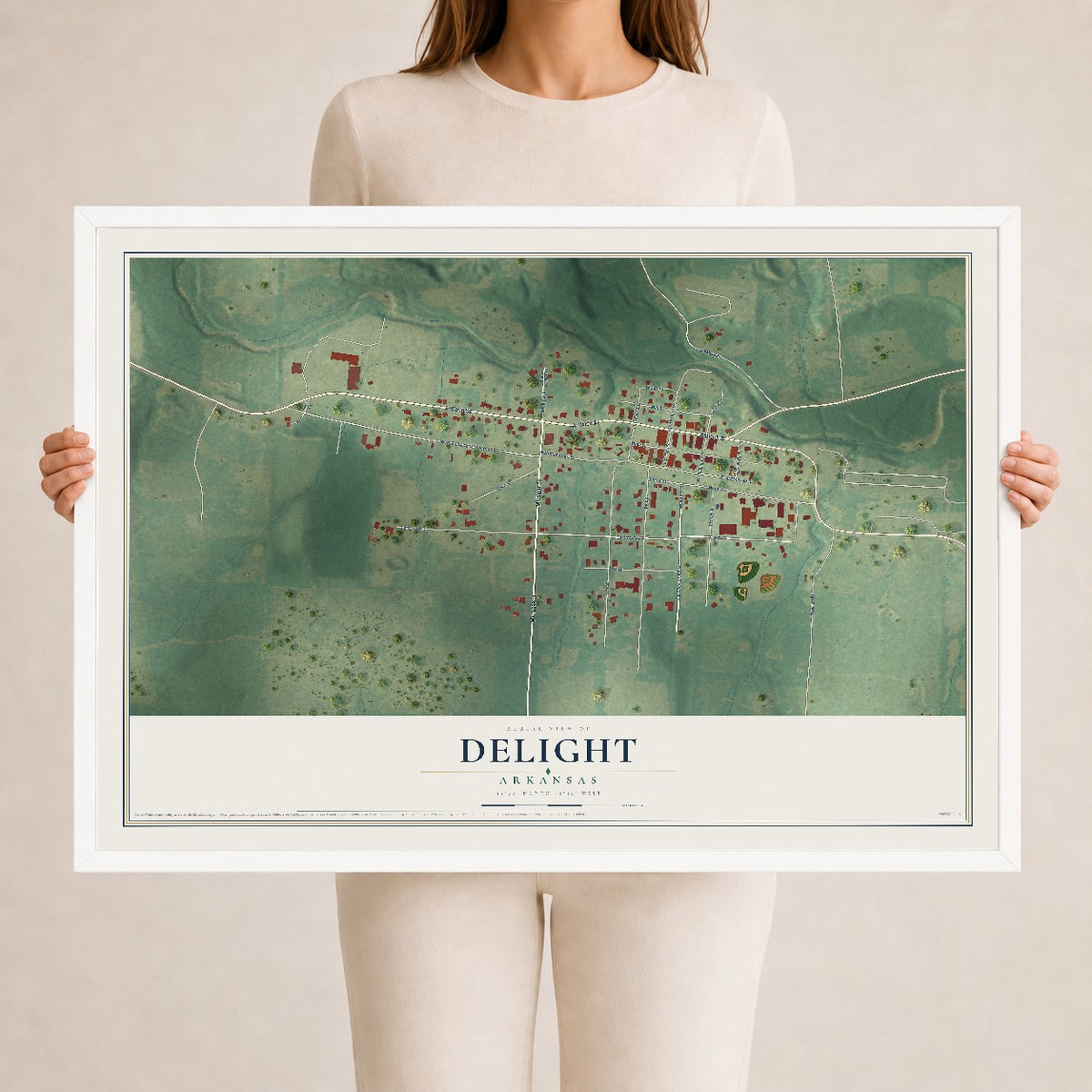 Map of Delight, Arkansas, 24 x 36 inch print in a white wood frame