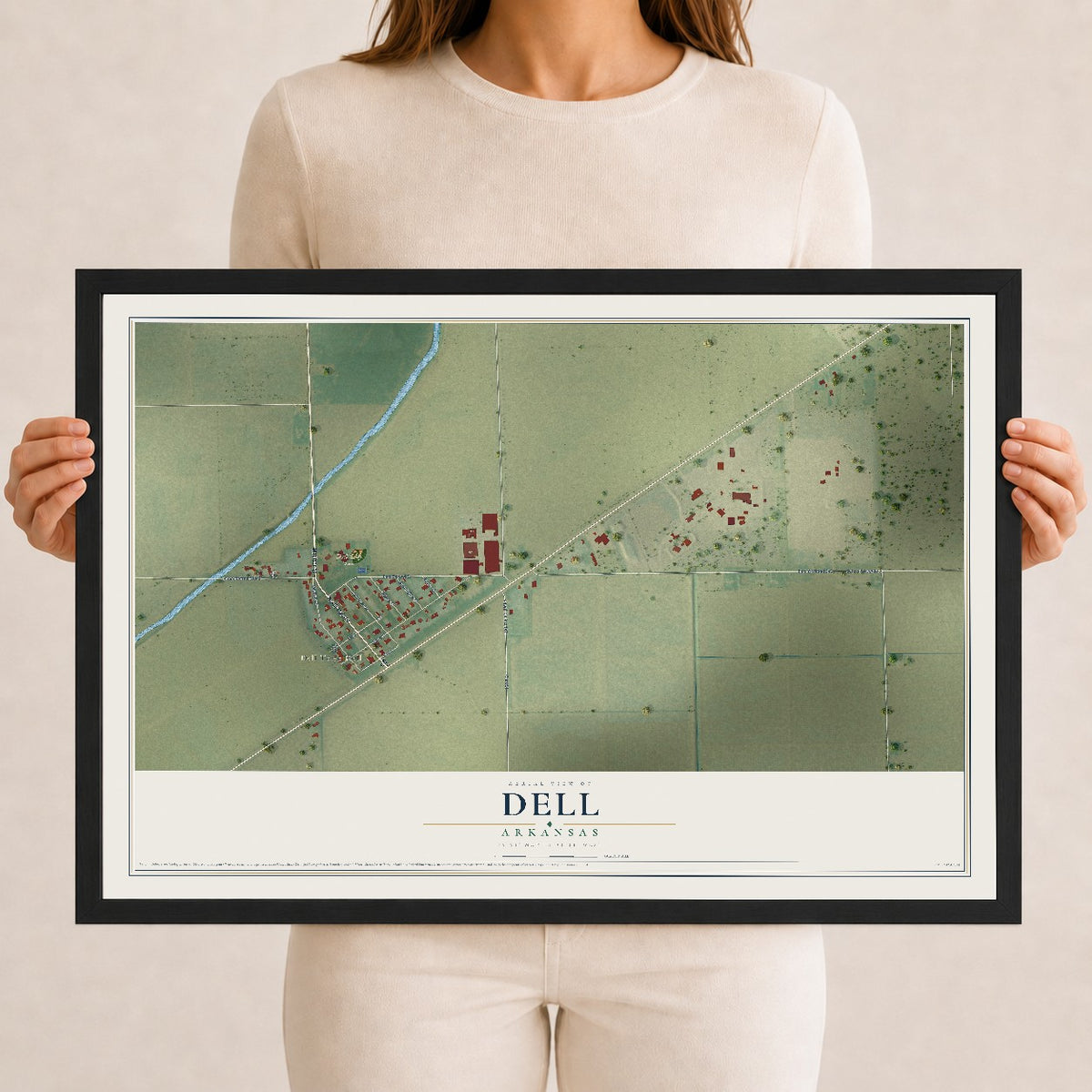 Map of Dell, Arkansas, 12 x 18 inch print in a black wood frame