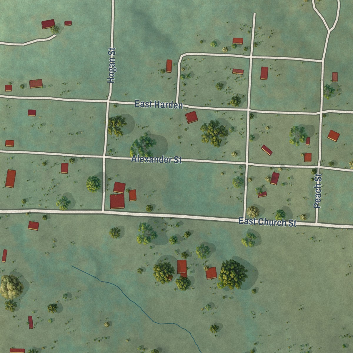 Close-up of the map of Denning, Arkansas print showing street and building detail