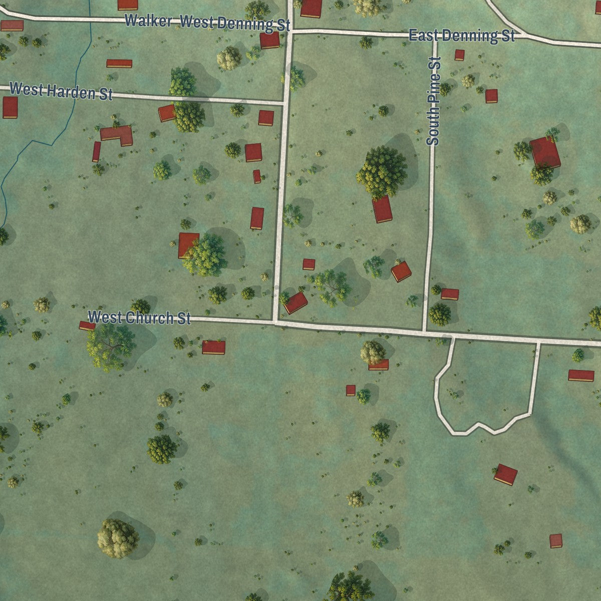 Second close-up of the map of Denning, Arkansas print showing more streets and buildings