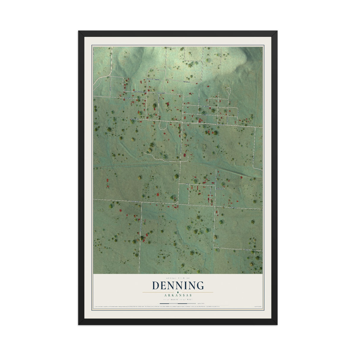 Map of Denning, Arkansas, 12 x 18 inch print in a black wood frame