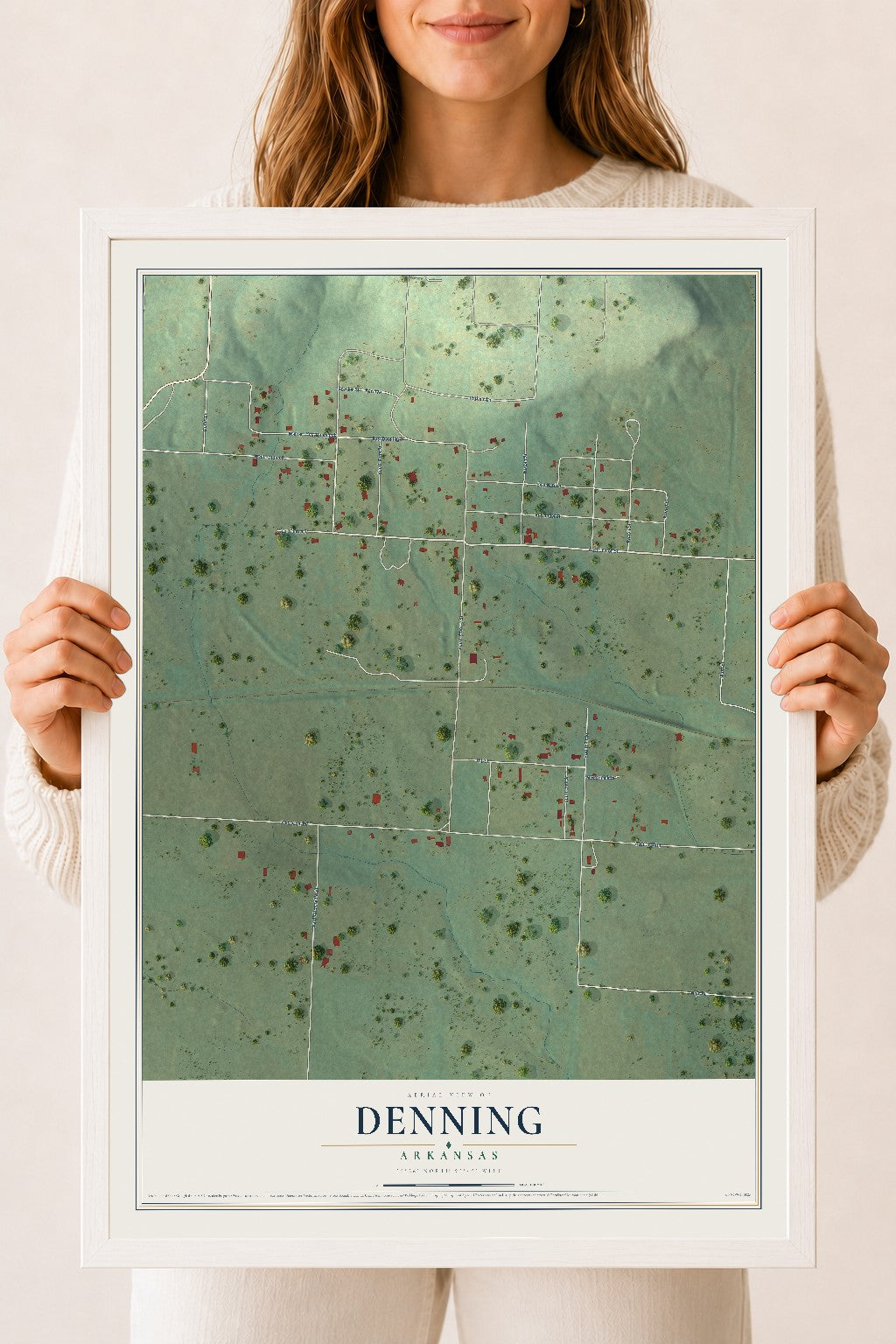 Map of Denning, Arkansas, 18 x 24 inch print in a white wood frame