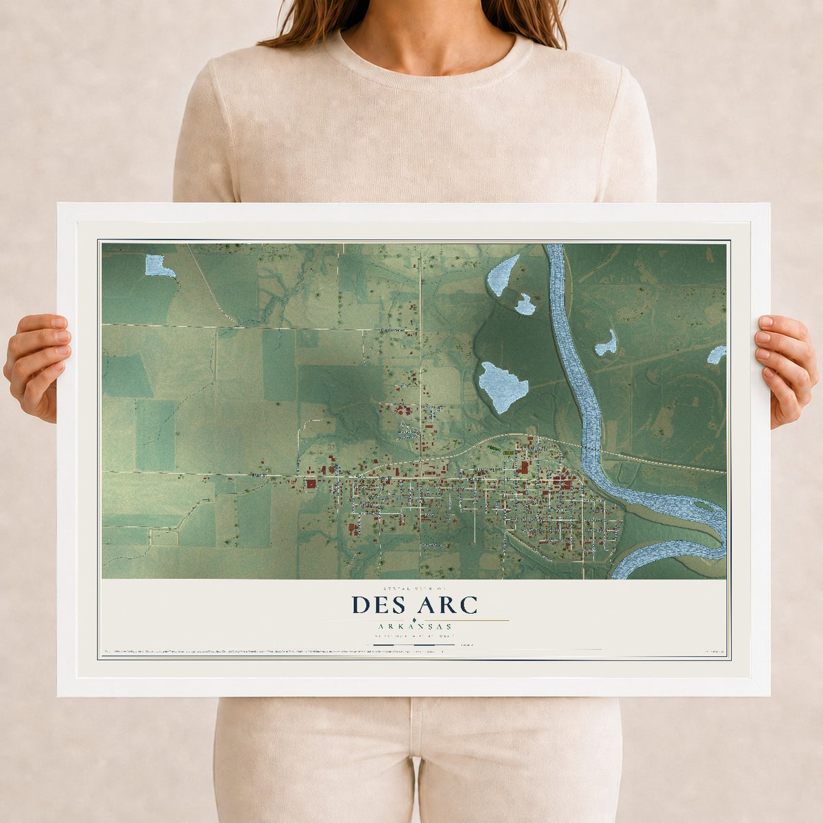 Map of Des Arc, Arkansas, 12 x 18 inch print in a white wood frame