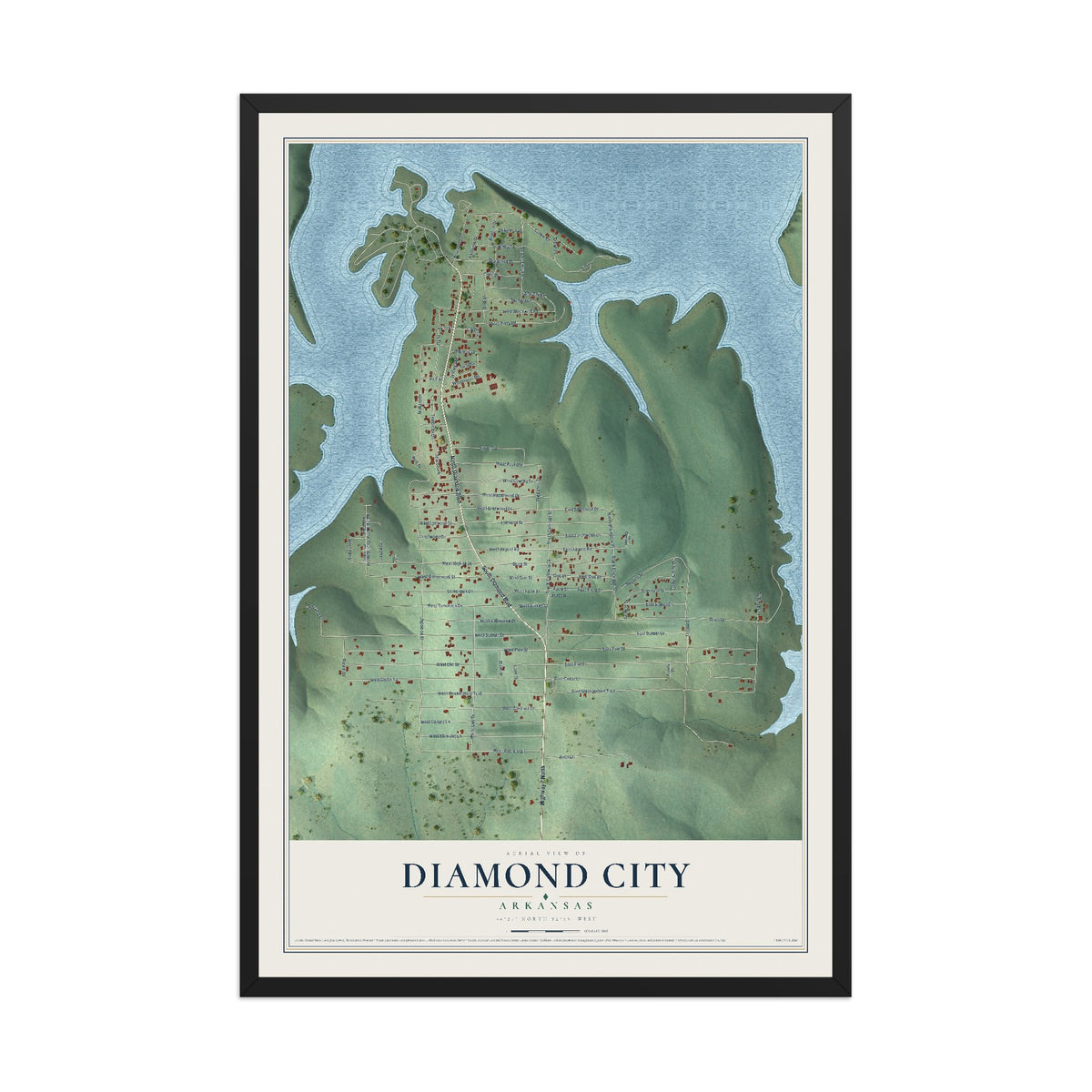 Map of Diamond City, Arkansas, 12 x 18 inch print in a black wood frame