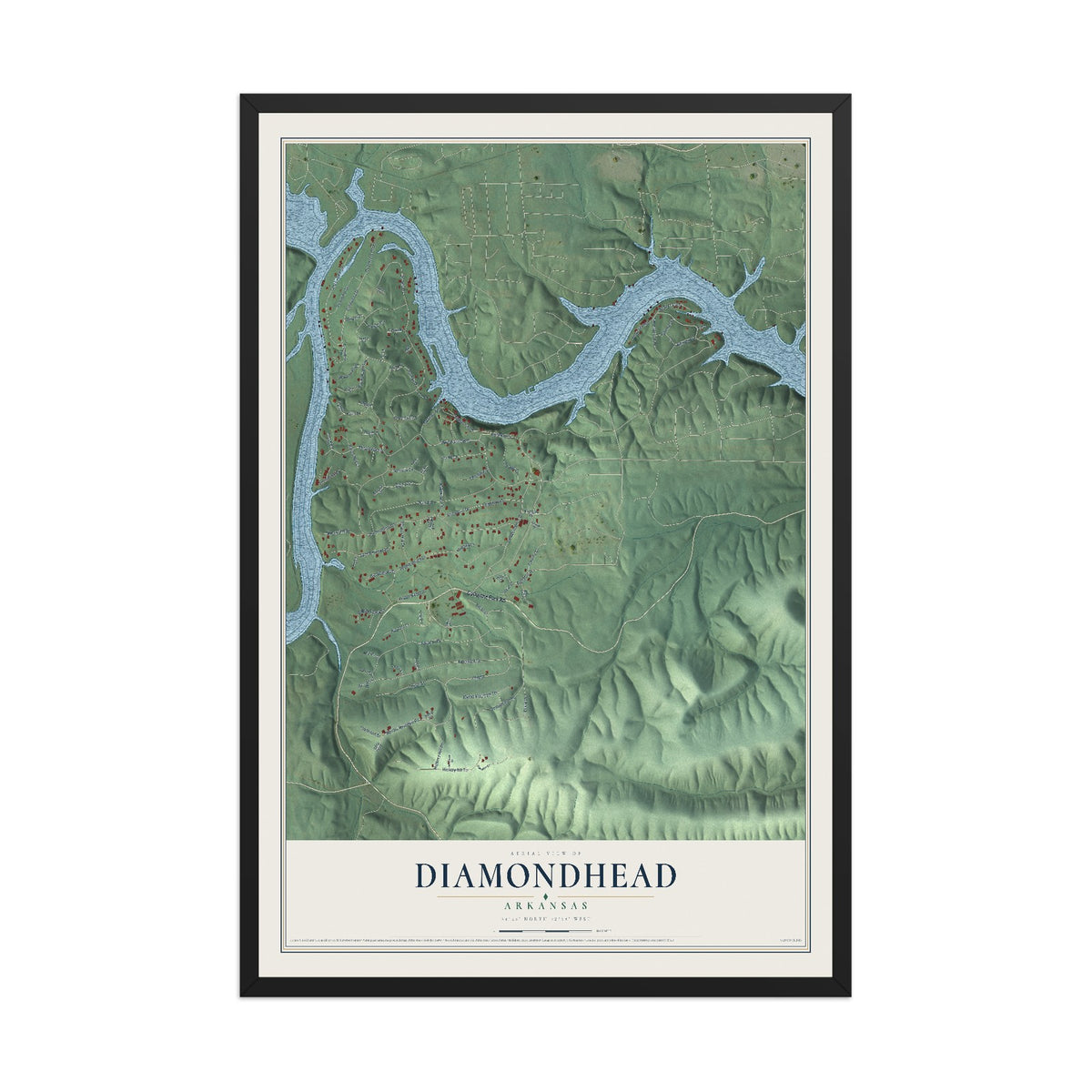 Map of Diamondhead, Arkansas, 12 x 18 inch print in a black wood frame