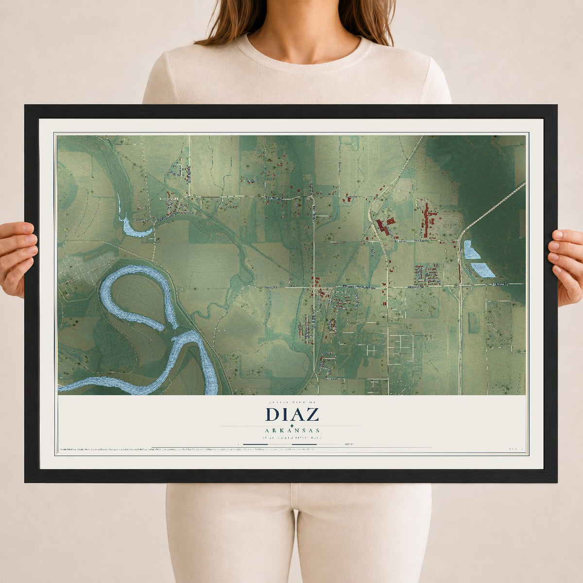 Map of Diaz, Arkansas, 18 x 24 inch print in a black wood frame