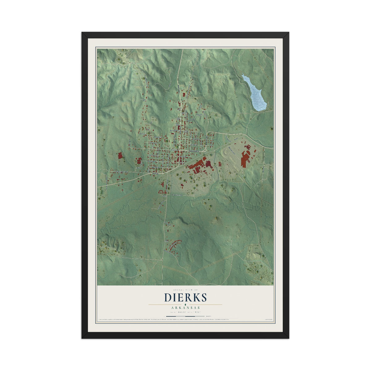 Map of Dierks, Arkansas, 12 x 18 inch print in a black wood frame
