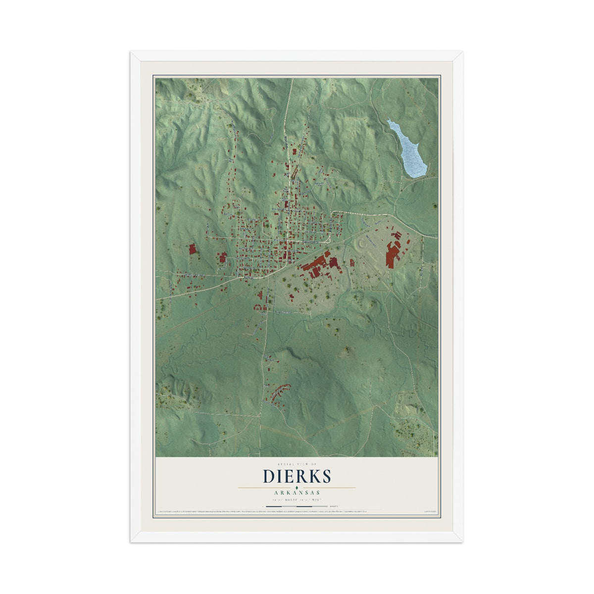 Map of Dierks, Arkansas, 12 x 18 inch print in a white wood frame