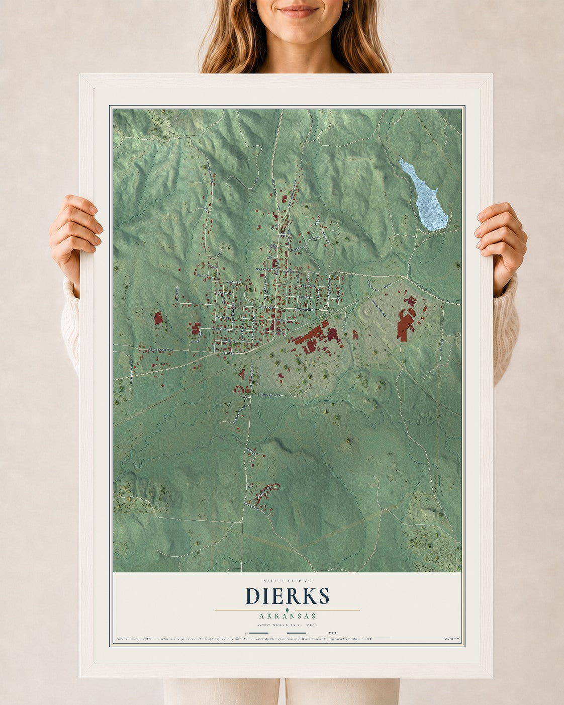 Map of Dierks, Arkansas, 24 x 36 inch print in a white wood frame
