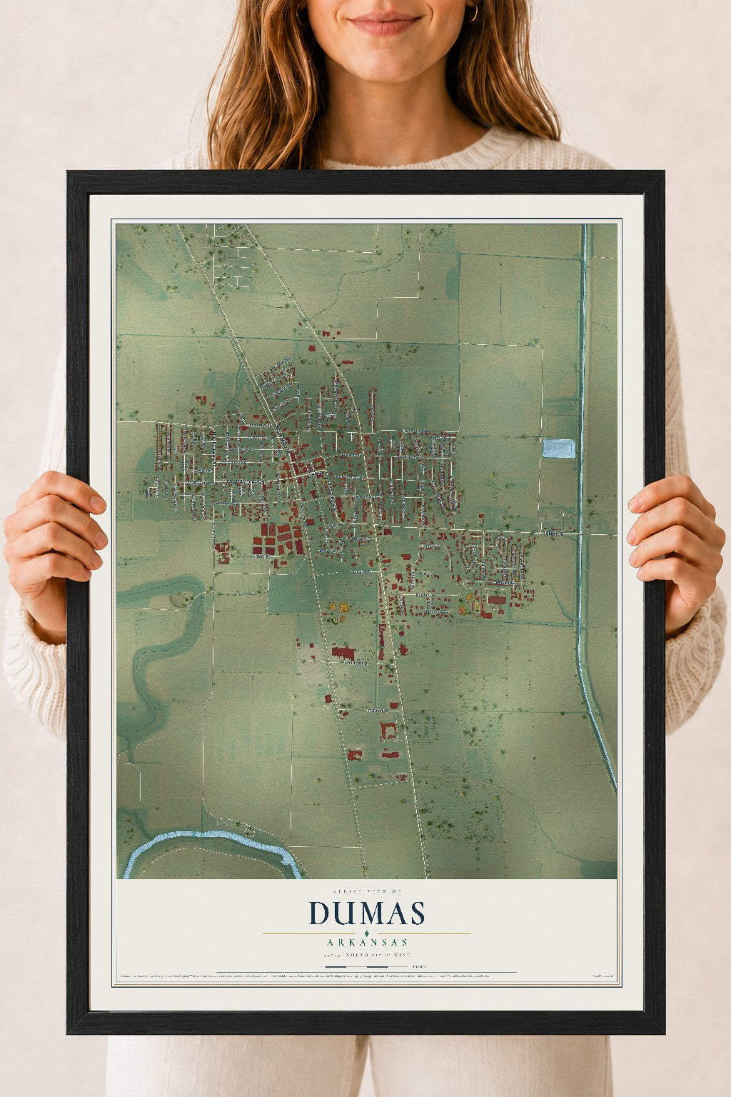 Map of Dumas, Arkansas, 18 x 24 inch print in a black wood frame