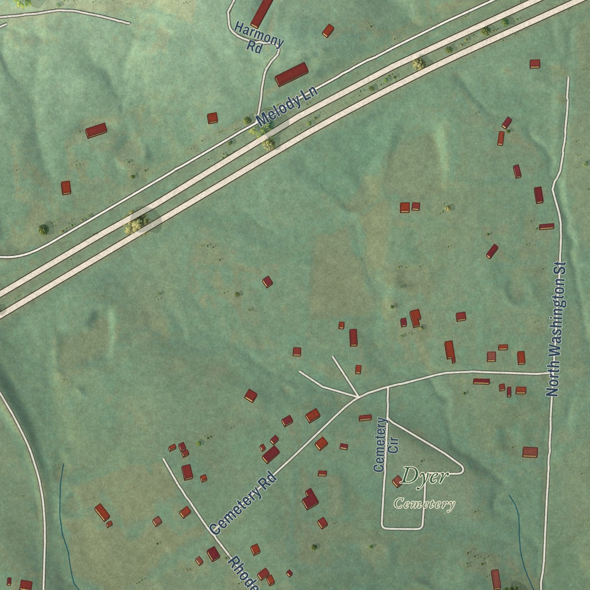 Close-up of the map of Dyer, Arkansas print showing street and building detail