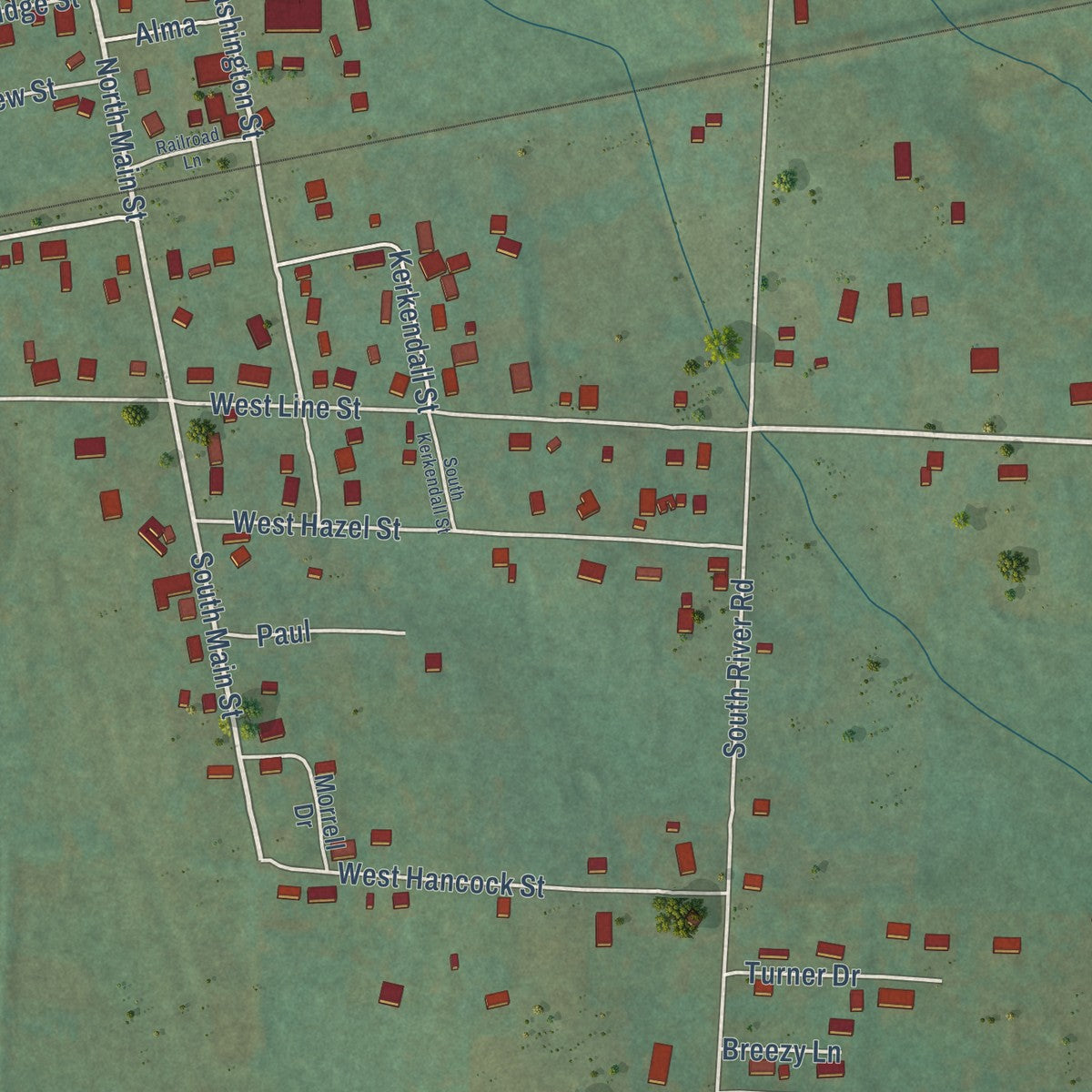 Second close-up of the map of Dyer, Arkansas print showing more streets and buildings