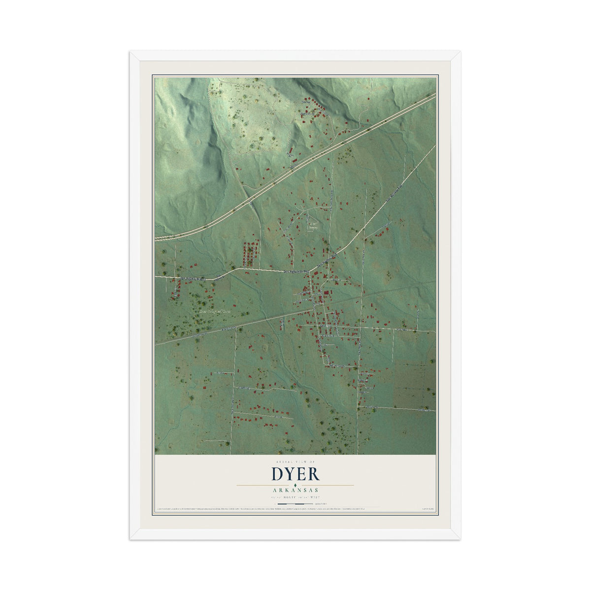Map of Dyer, Arkansas, 12 x 18 inch print in a white wood frame