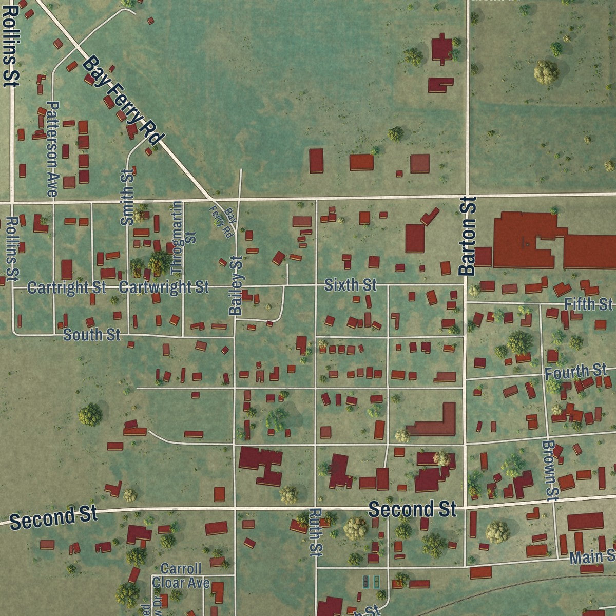 Close-up of the map of Earle, Arkansas print showing street and building detail