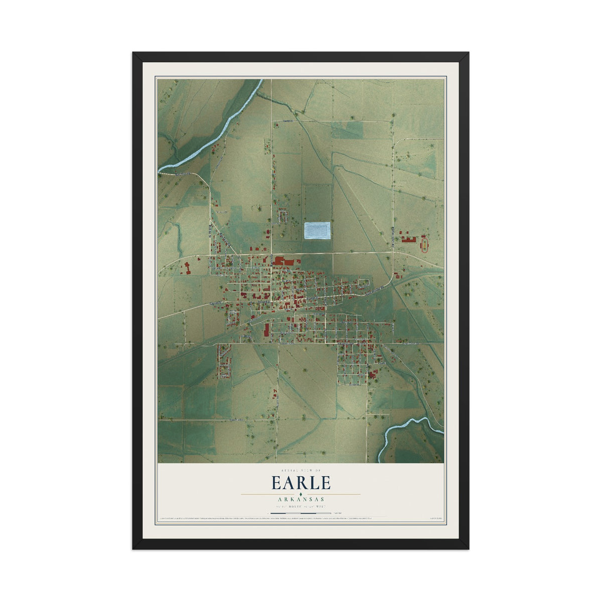 Map of Earle, Arkansas, 12 x 18 inch print in a black wood frame