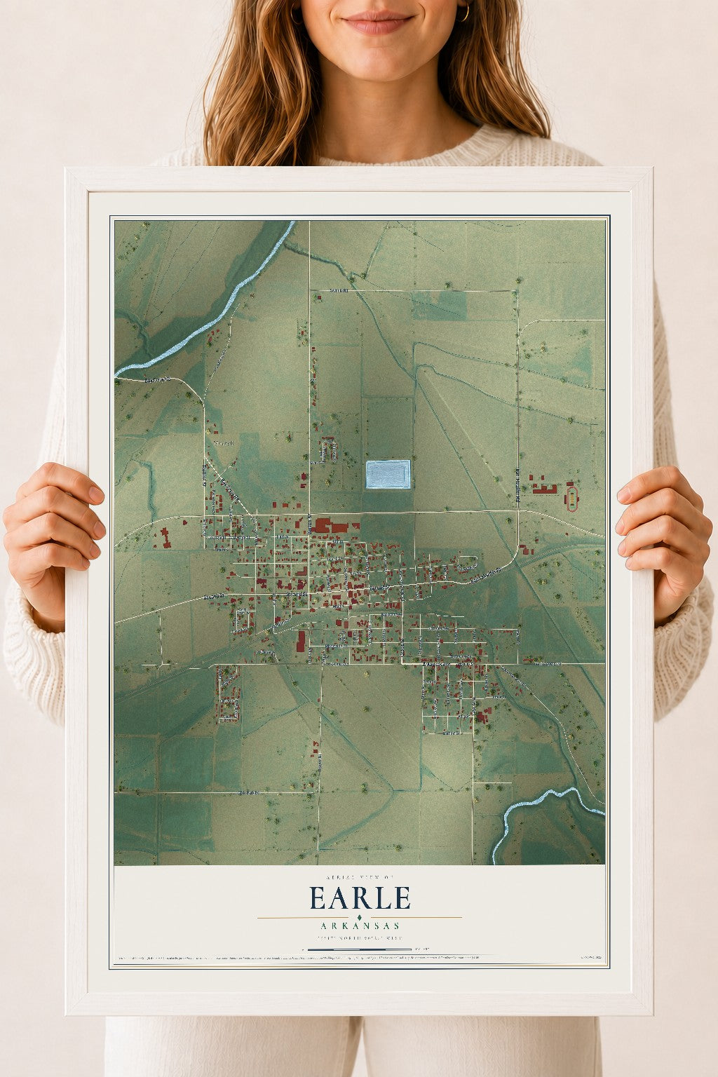 Map of Earle, Arkansas, 18 x 24 inch print in a white wood frame