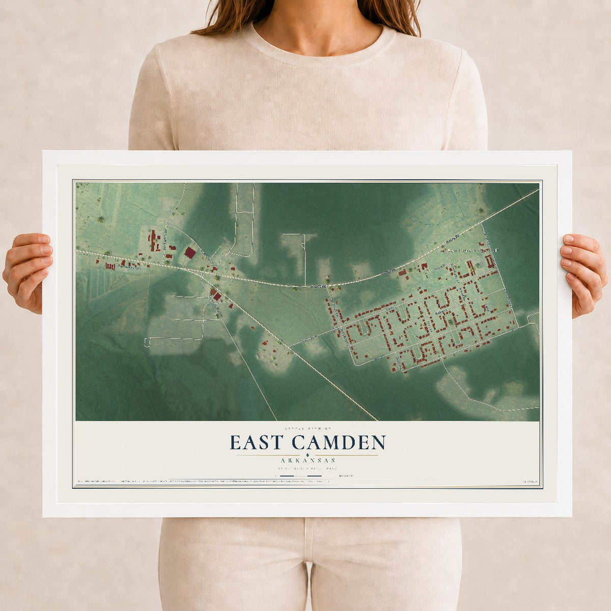 Map of East Camden, Arkansas, 12 x 18 inch print in a white wood frame