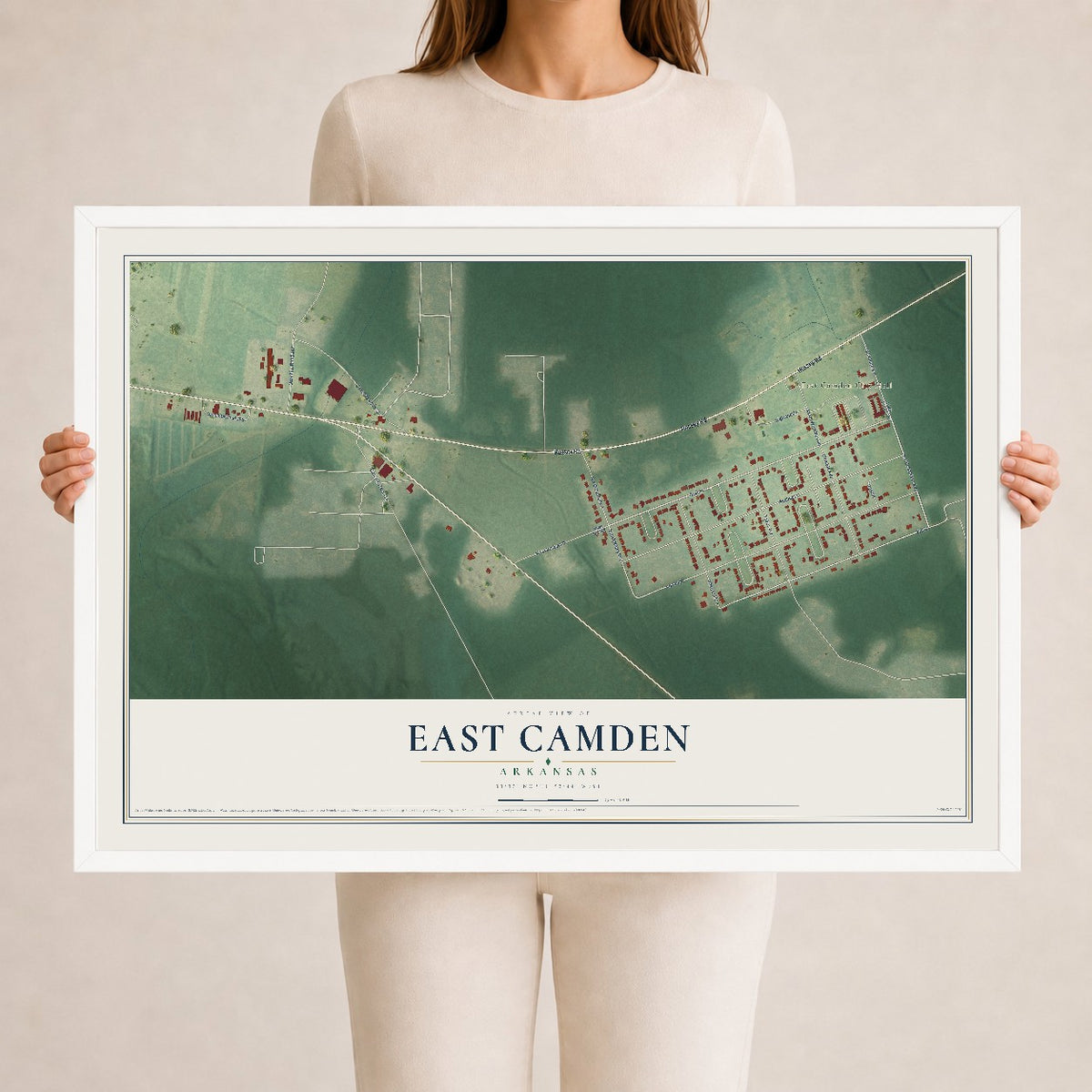 Map of East Camden, Arkansas, 24 x 36 inch print in a white wood frame
