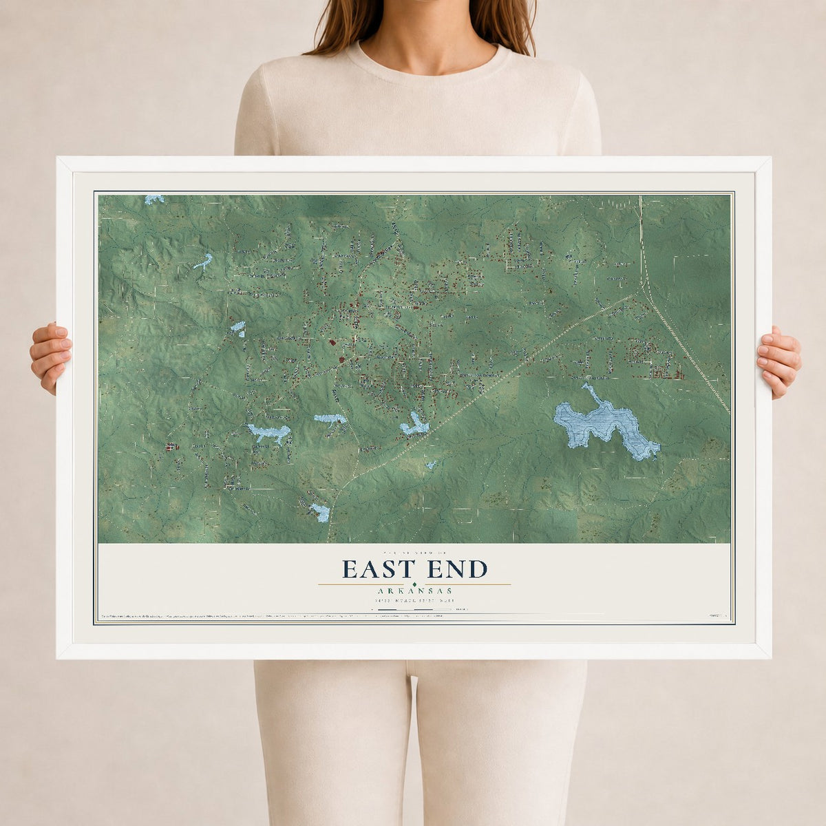 Map of East End, Arkansas, 24 x 36 inch print in a white wood frame