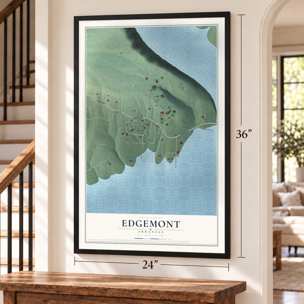 Edgemont, Arkansas map, 24 x 36 inch print in a black frame by a staircase