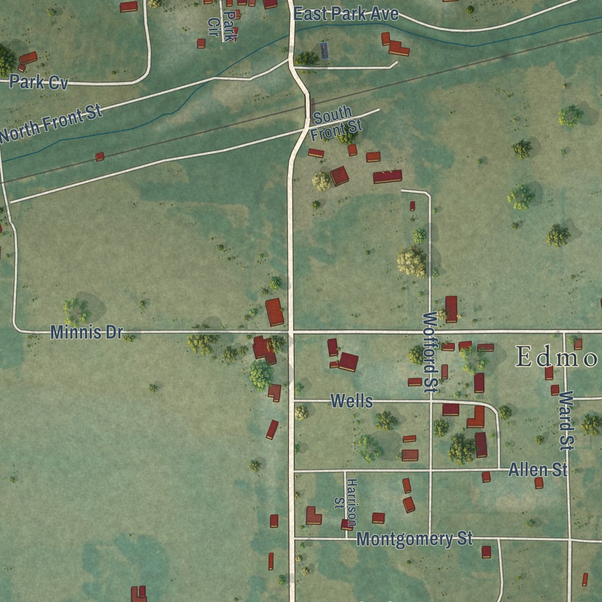 Close-up of the map of Edmondson, Arkansas print showing street and building detail