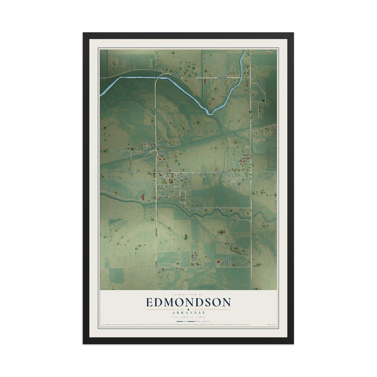 Map of Edmondson, Arkansas, 12 x 18 inch print in a black wood frame