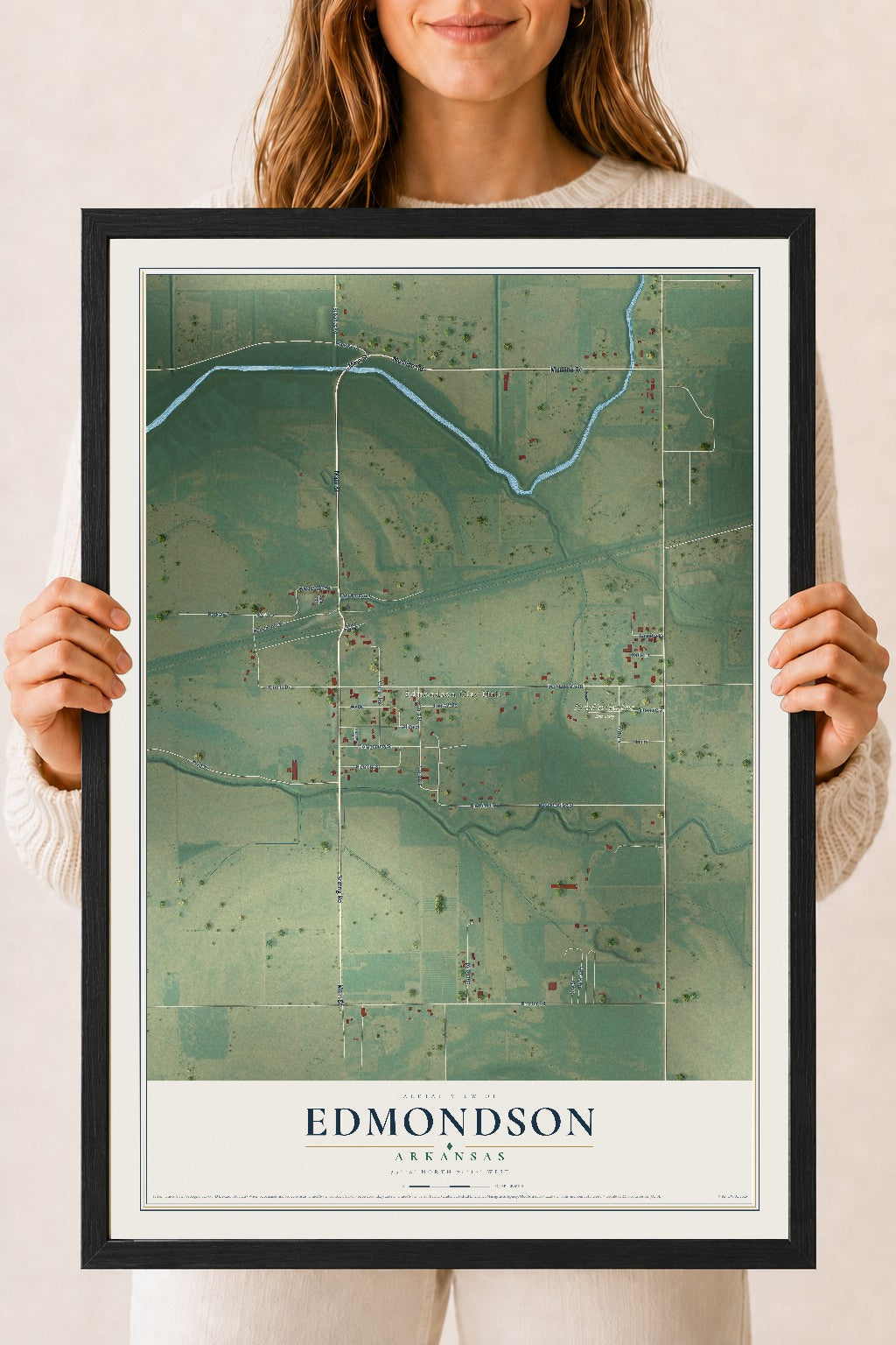 Map of Edmondson, Arkansas, 18 x 24 inch print in a black wood frame