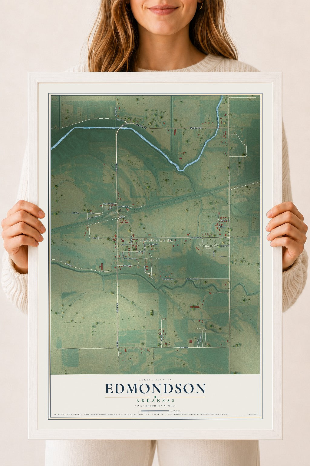 Map of Edmondson, Arkansas, 18 x 24 inch print in a white wood frame