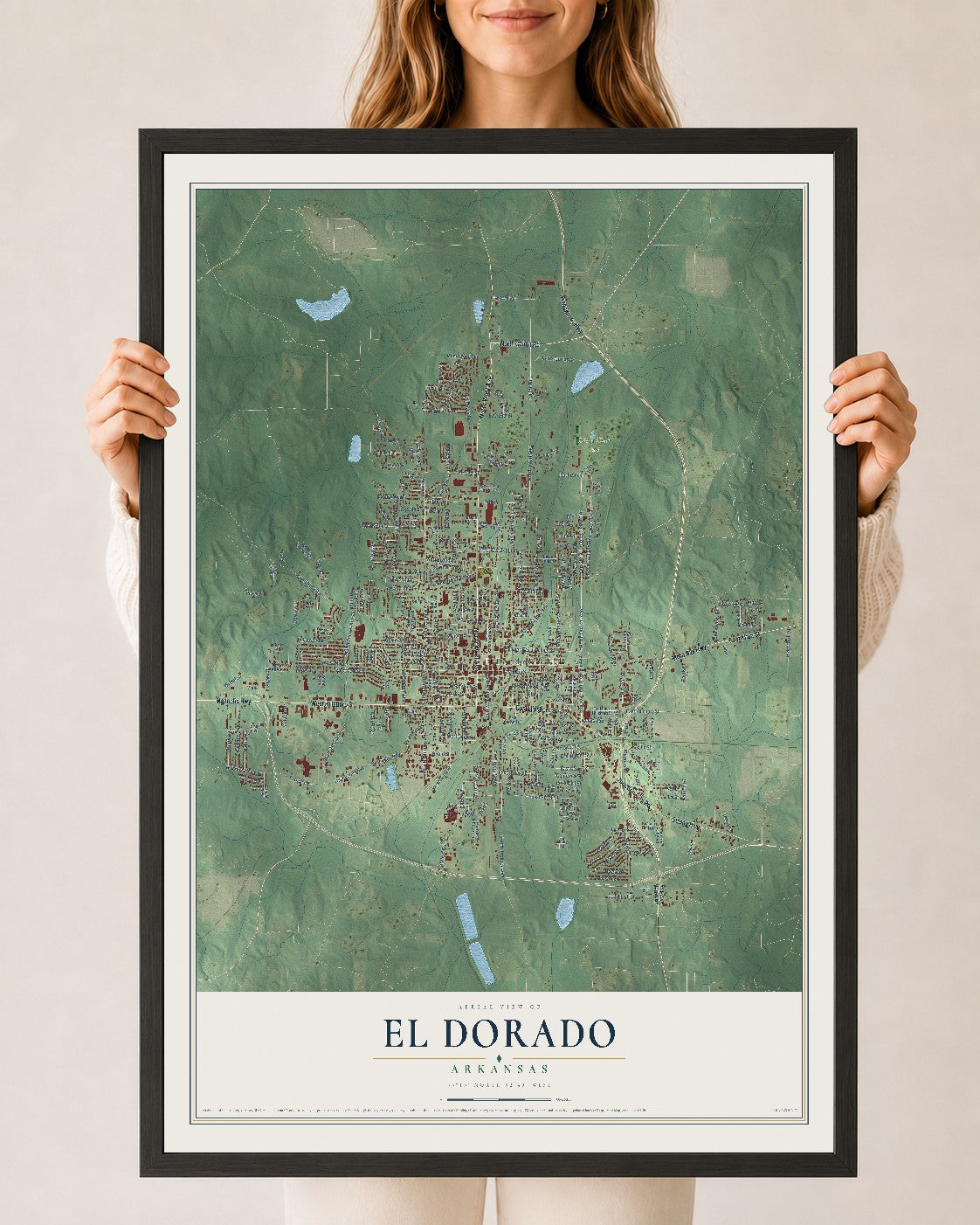 Map of El Dorado, Arkansas, 24 x 36 inch print in a black wood frame
