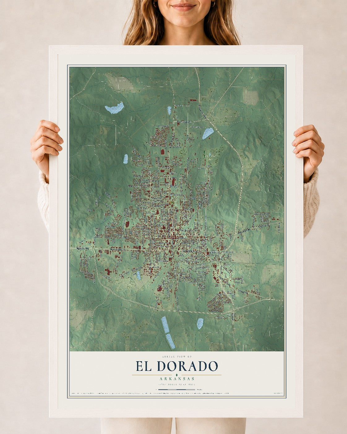 Map of El Dorado, Arkansas, 24 x 36 inch print in a white wood frame