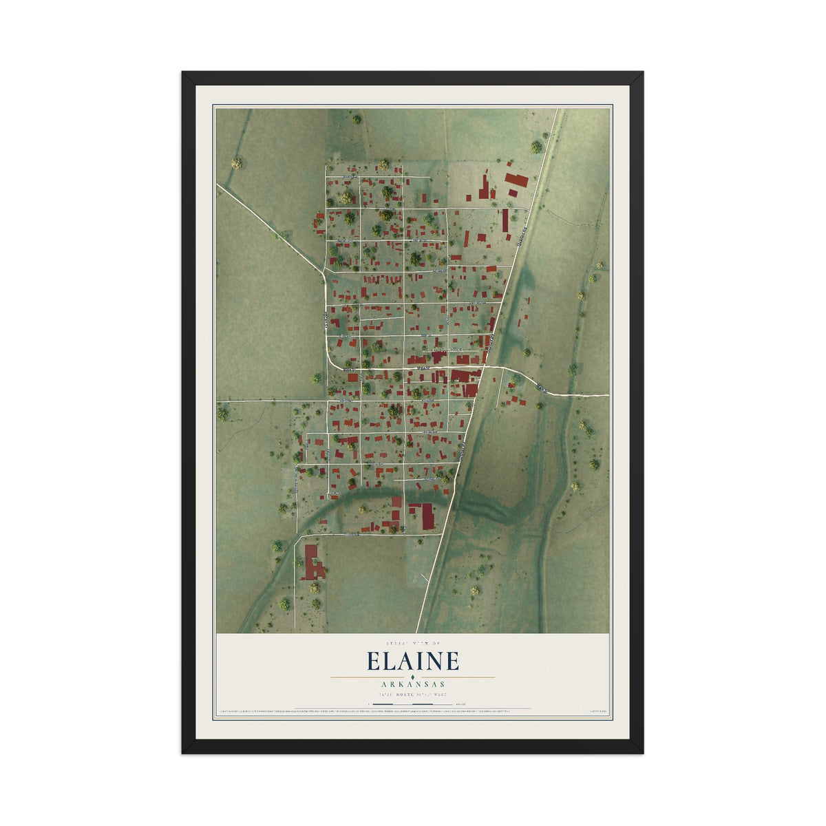 Map of Elaine, Arkansas, 12 x 18 inch print in a black wood frame