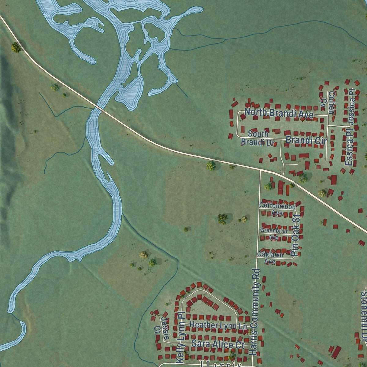 Second close-up of the map of Elkins, Arkansas print showing more streets and buildings