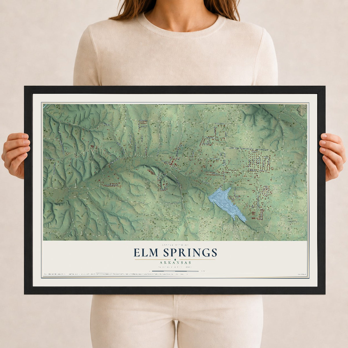 Map of Elm Springs, Arkansas, 12 x 18 inch print in a black wood frame