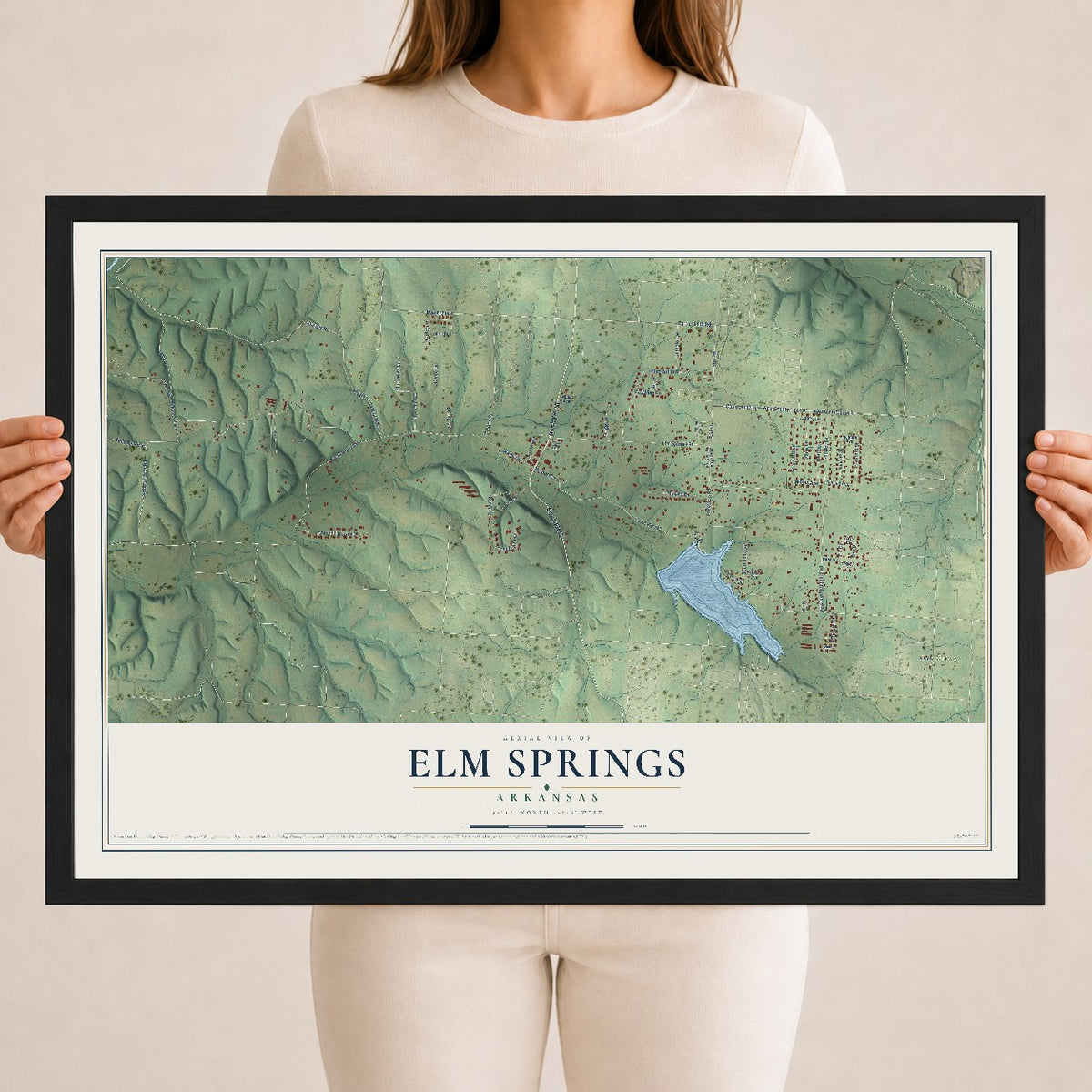 Map of Elm Springs, Arkansas, 18 x 24 inch print in a black wood frame