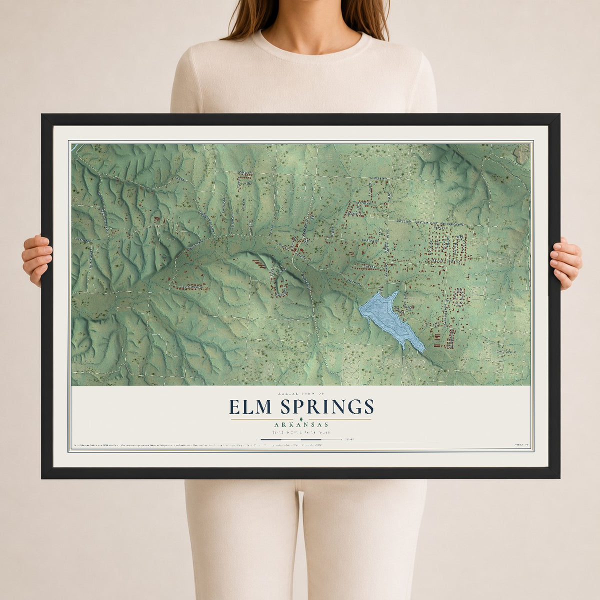 Map of Elm Springs, Arkansas, 24 x 36 inch print in a black wood frame