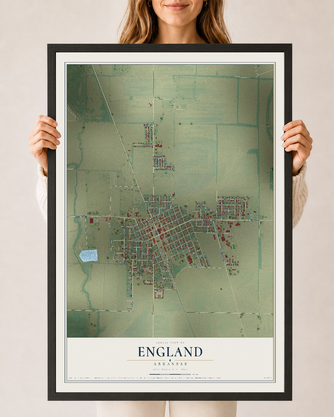 Map of England, Arkansas, 24 x 36 inch print in a black wood frame