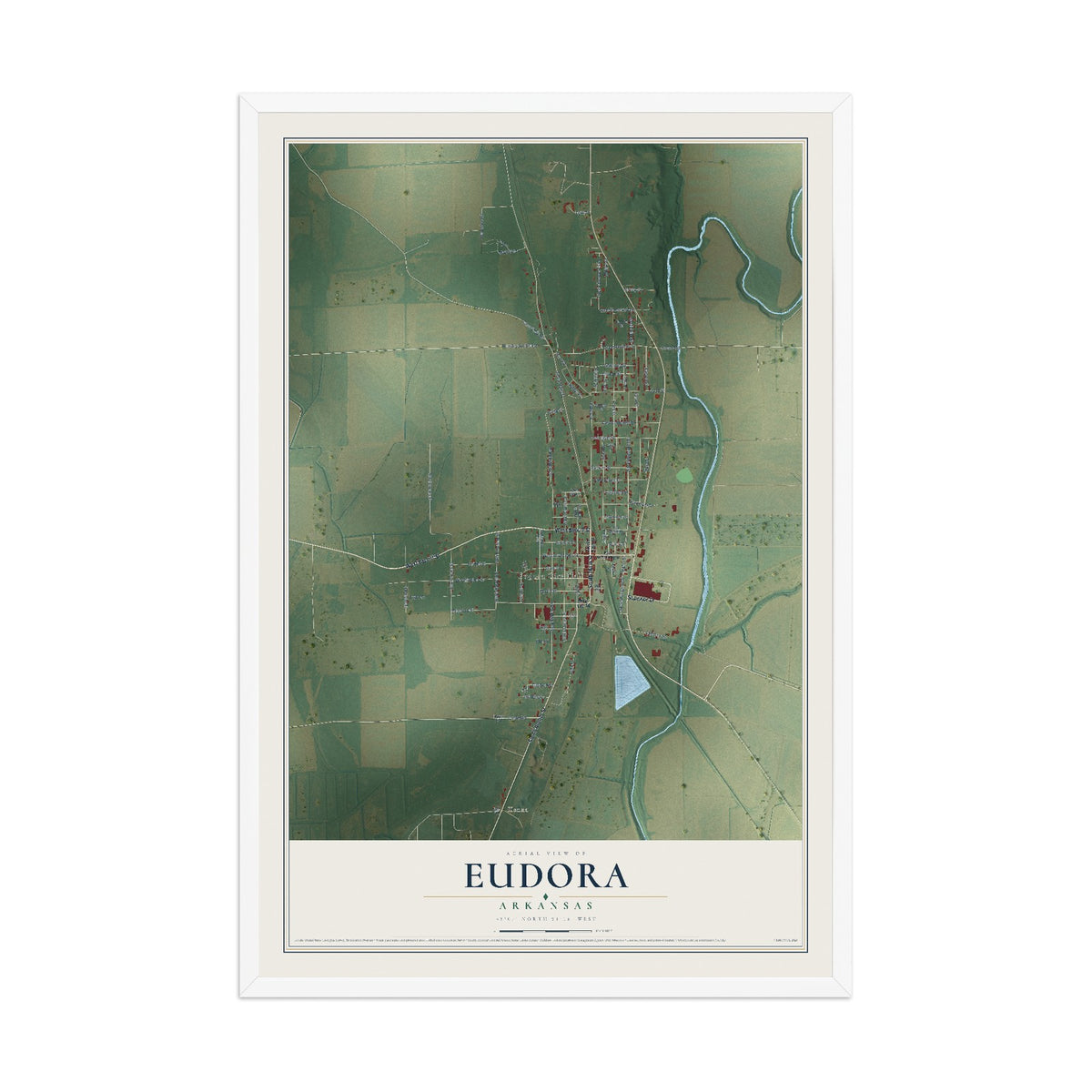 Map of Eudora, Arkansas, 12 x 18 inch print in a white wood frame