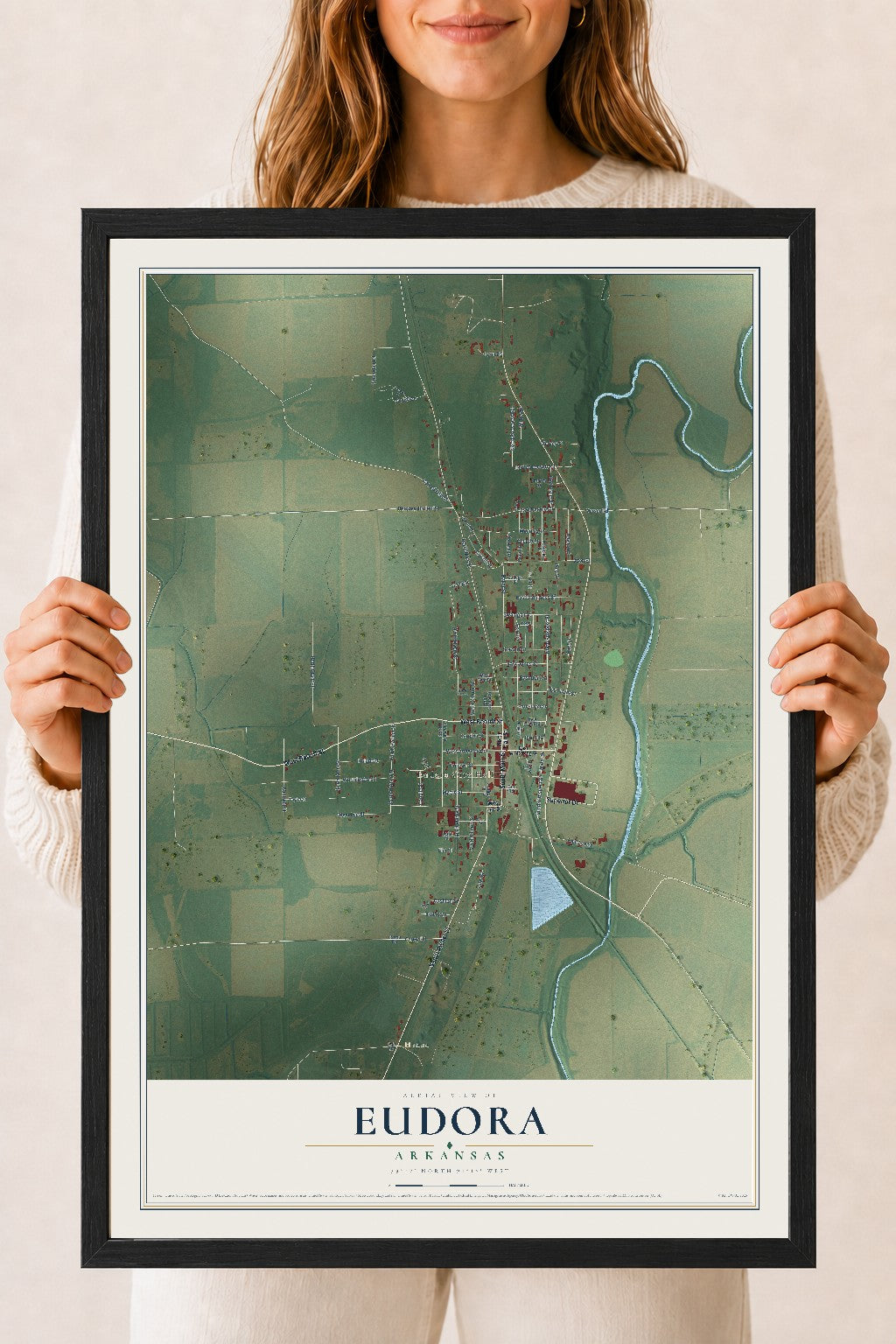 Map of Eudora, Arkansas, 18 x 24 inch print in a black wood frame