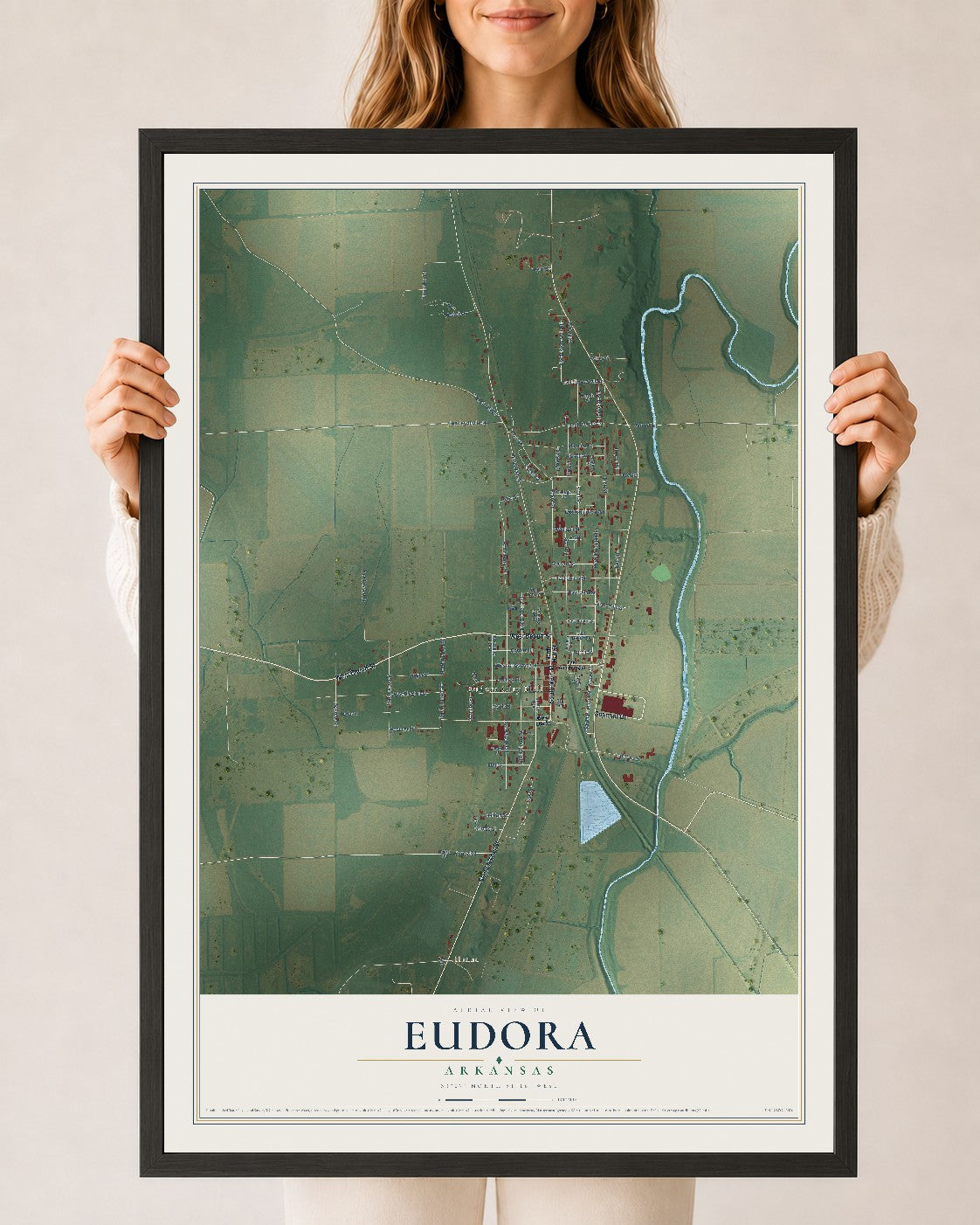 Map of Eudora, Arkansas, 24 x 36 inch print in a black wood frame