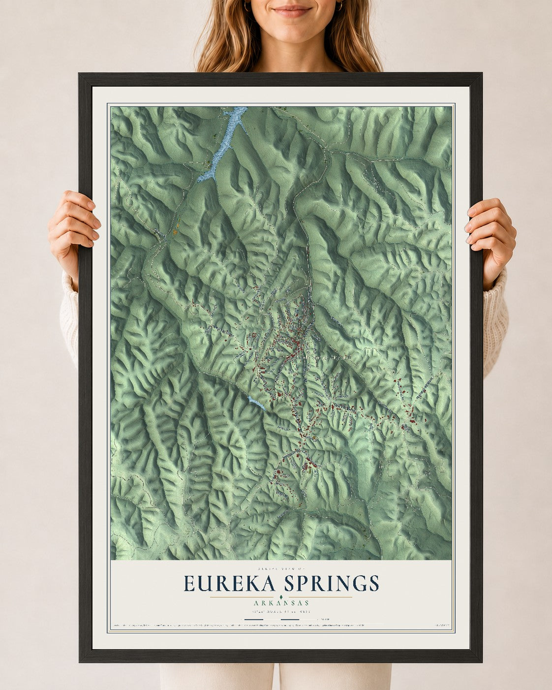 Map of Eureka Springs, Arkansas, 24 x 36 inch print in a black wood frame