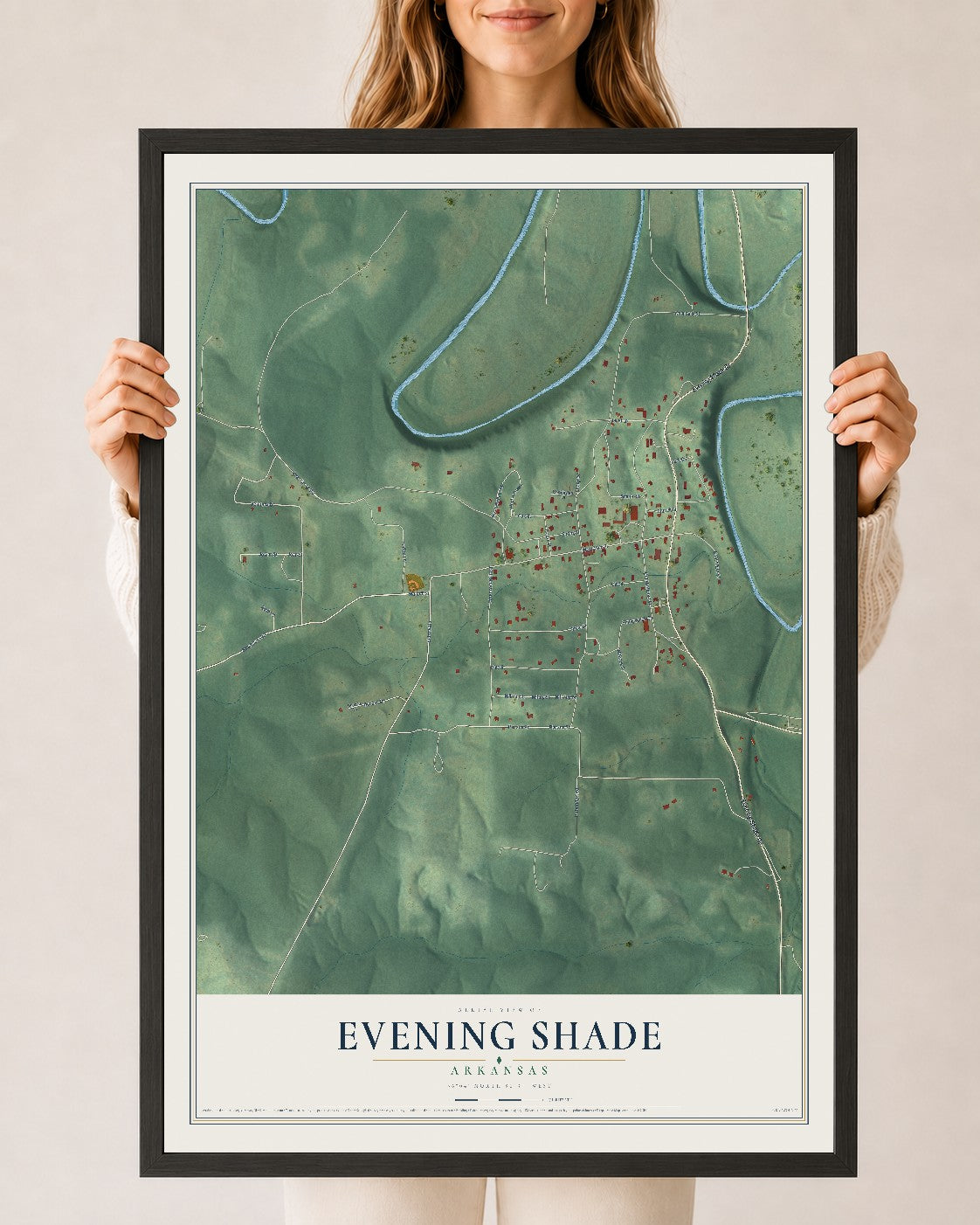 Map of Evening Shade, Arkansas, 24 x 36 inch print in a black wood frame