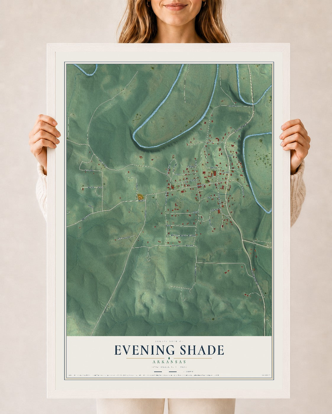 Map of Evening Shade, Arkansas, 24 x 36 inch print in a white wood frame