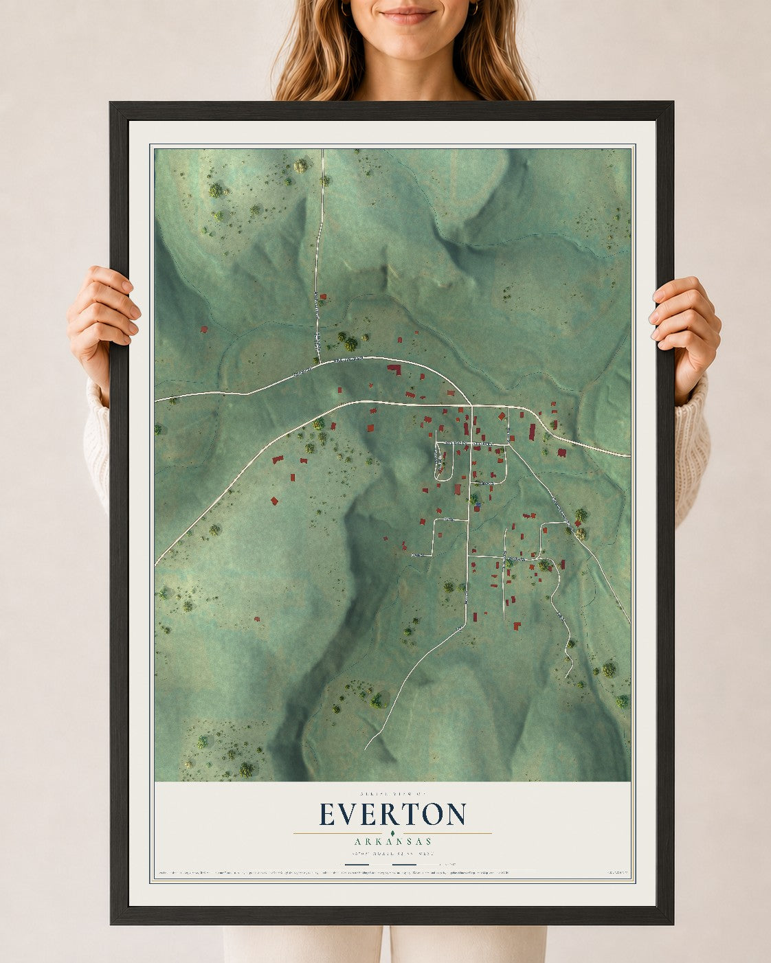Map of Everton, Arkansas, 24 x 36 inch print in a black wood frame